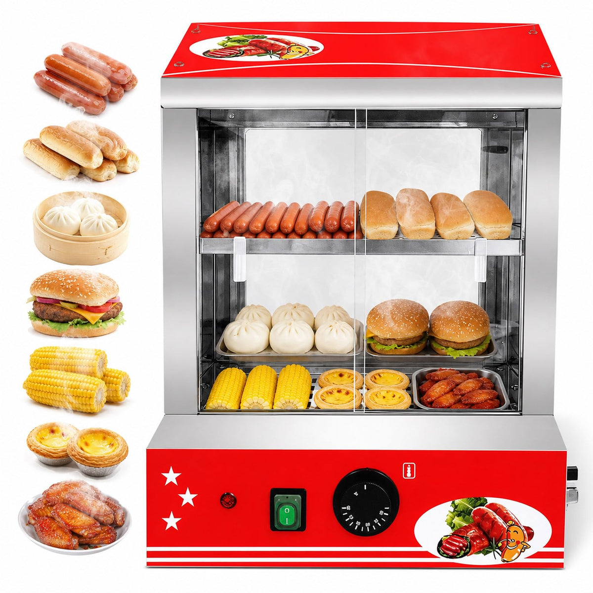 Hot Dog Steamer, Electric Hotdog Machine with Glass Doors, Temperature Control,