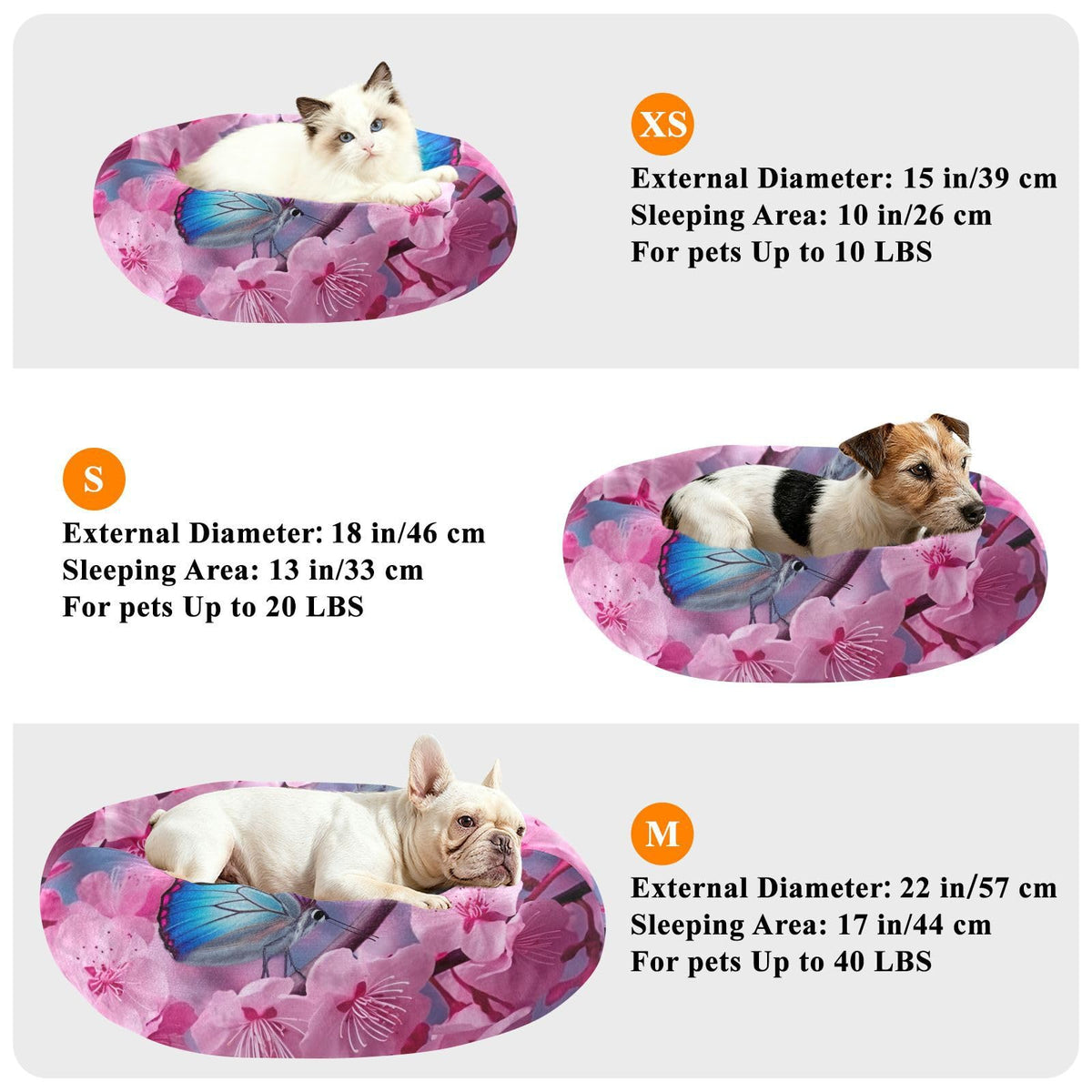 Donut Dog Bed for Small Dogs & Cats - Blue Butterfly Pink Flowers Calming Anti-Anxiety Pet Bed with Non-Slip Base, Removable & Machine Washable, 18"
