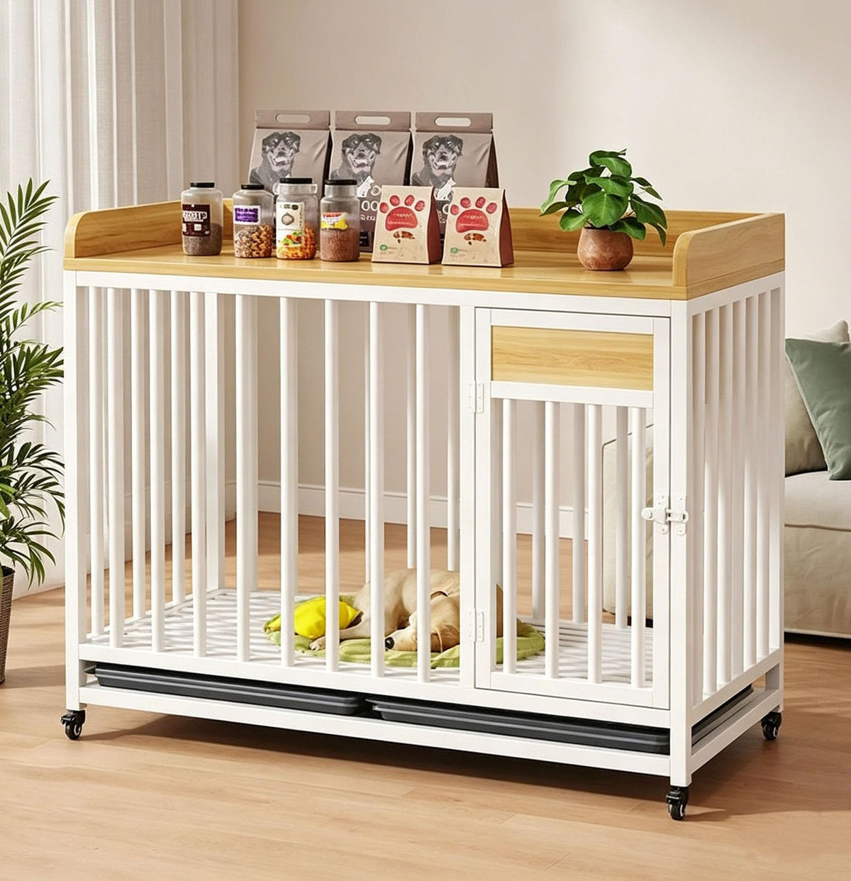 Furniture Pet Cage with Universal Wheels, Indoor Wooden Dog Crate