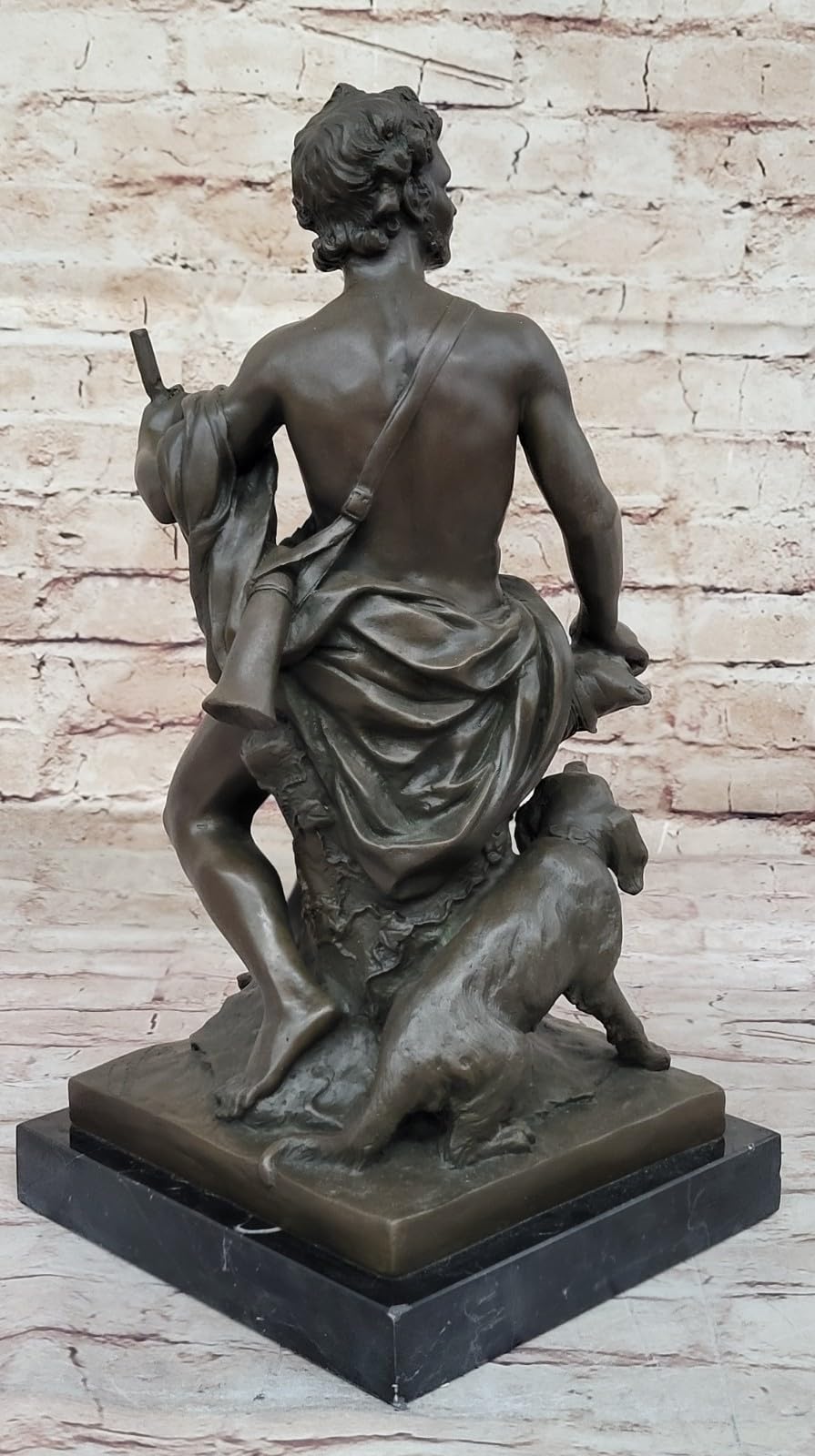 Sculpture of Shepherd with His Dog, Classical Figurine on Marble Base, 15" x 7" Tabletop Display for Collectors