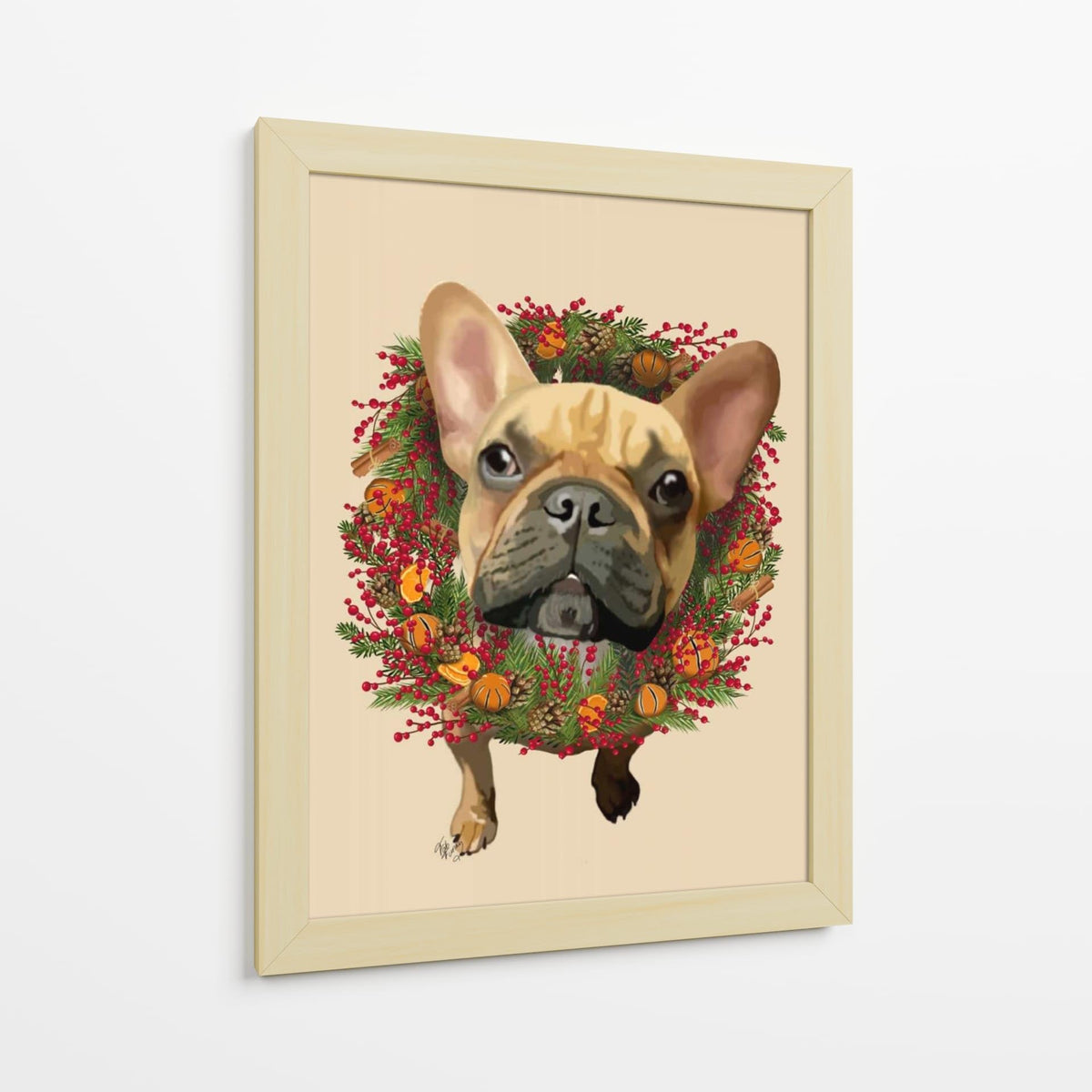 Canvas Lab | French Bulldog, Cranberry Wreath by Fab Funky | 30 x 40 in | Canvas Print Wall Art | Animals, Dogs, Nature, Whimsical | Wall Decor for Bedroom, Living Room or Office
