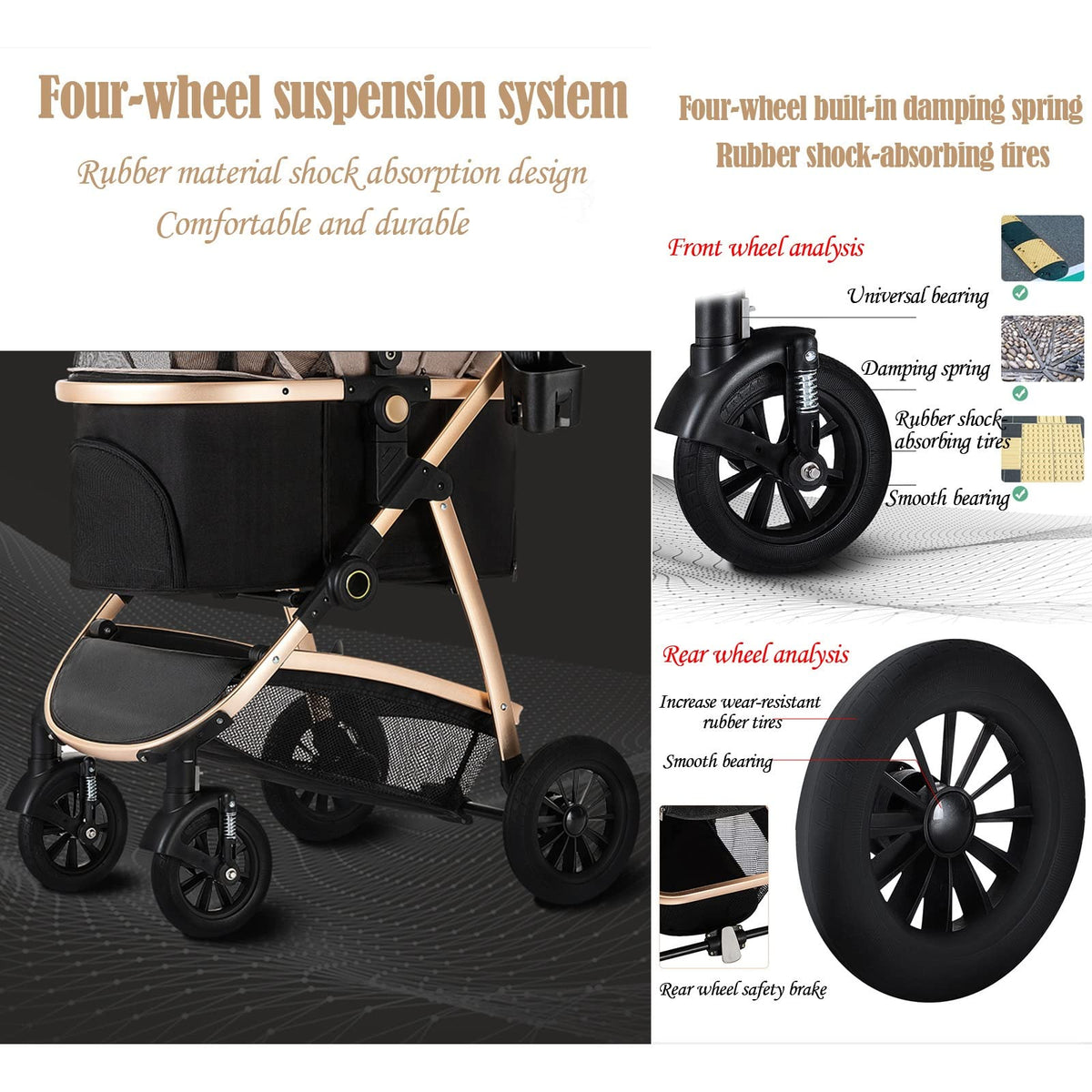 3 in 1 Foldable Travel Stroller Cup Holder Dog Stroller for Medium Cats Dogs Pram, Cat Carriers Strollers Jogging Trolley, Large Pet Strolle Breathable Window with Zipper, Storage Basket
