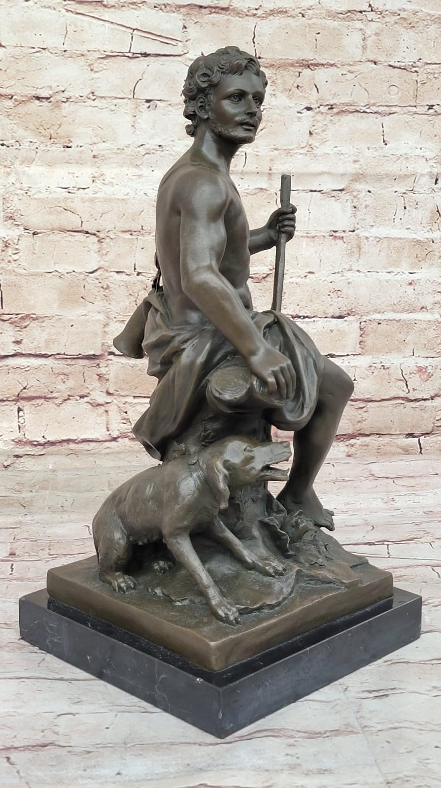 Sculpture of Shepherd with His Dog, Classical Figurine on Marble Base, 15" x 7" Tabletop Display for Collectors