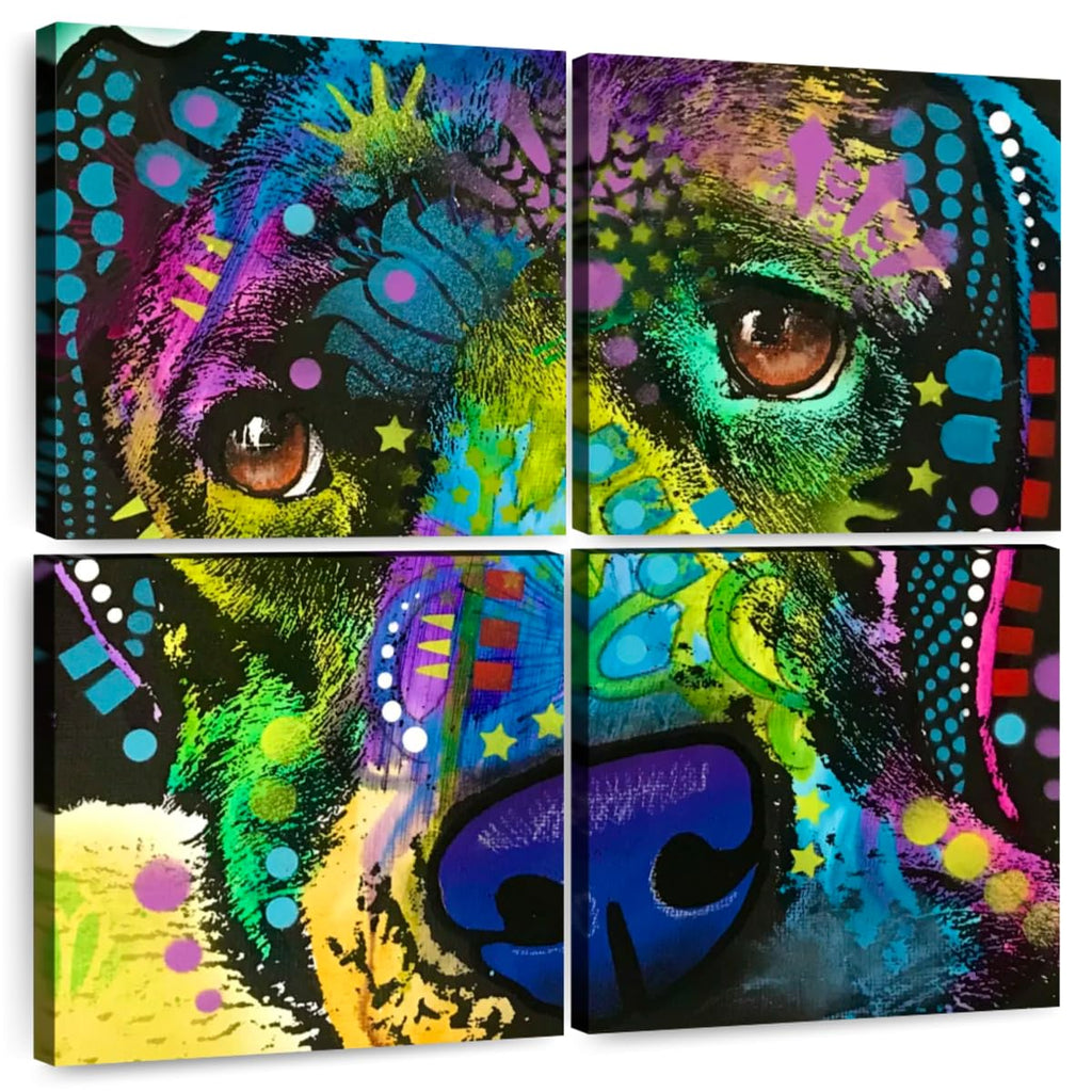 ElephantStock - Colorful Corgi Wall Art - Square Multi Panel Canvas - 4 Piece Living Room Wall Decor - Mixed Media Dog Multi Piece Wall Art - Purple And Orange Decor by Dean Russo - 74" x 74"