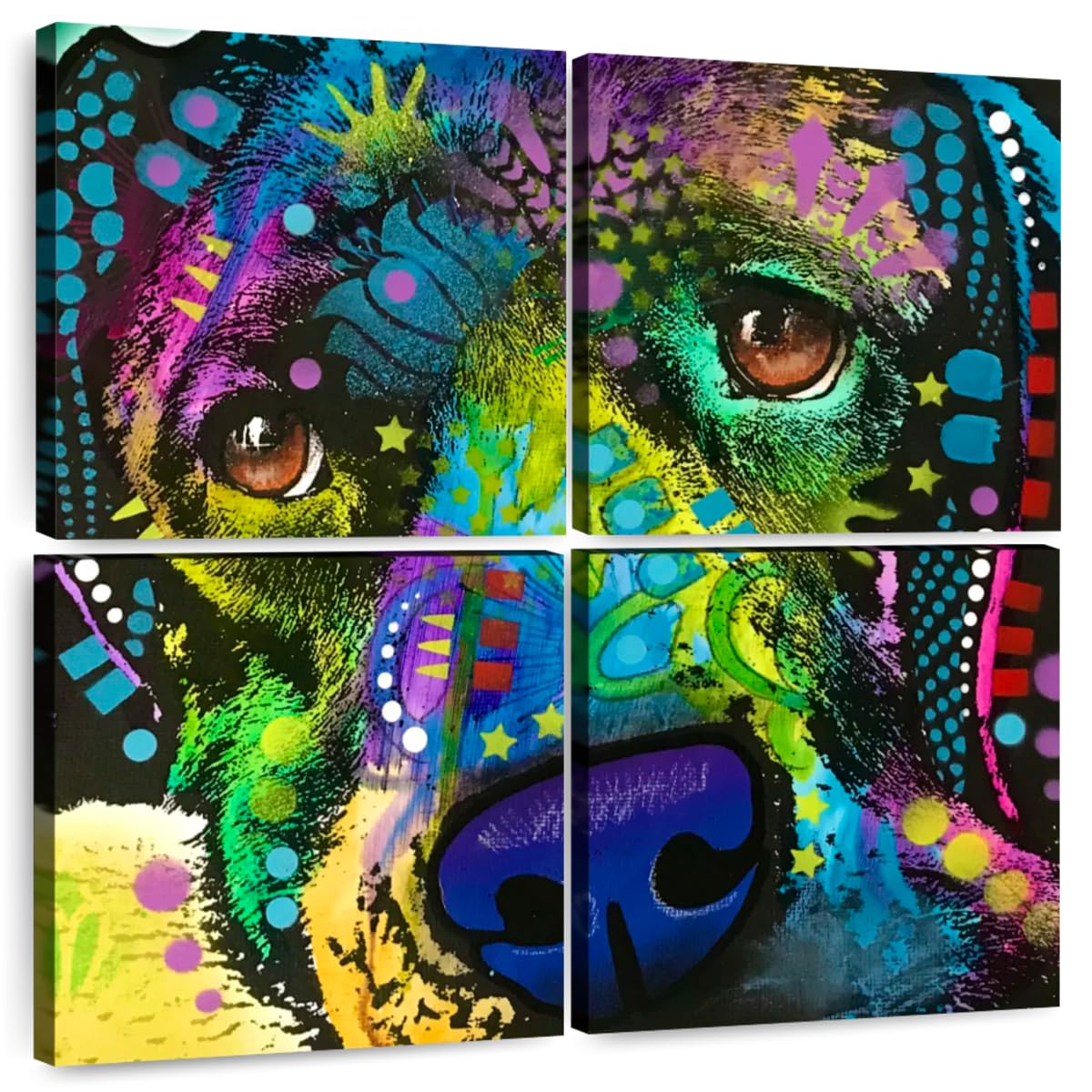 ElephantStock - Colorful Corgi Wall Art - Square Multi Panel Canvas - 4 Piece Living Room Wall Decor - Mixed Media Dog Multi Piece Wall Art - Purple And Orange Decor by Dean Russo - 74" x 74"
