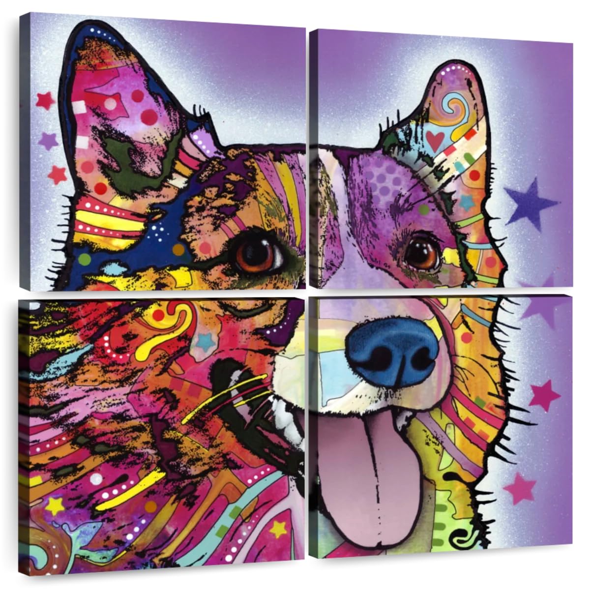 ElephantStock - Colorful Corgi Wall Art - Square Multi Panel Canvas - 4 Piece Living Room Wall Decor - Mixed Media Dog Multi Piece Wall Art - Purple And Orange Decor by Dean Russo - 74" x 74"