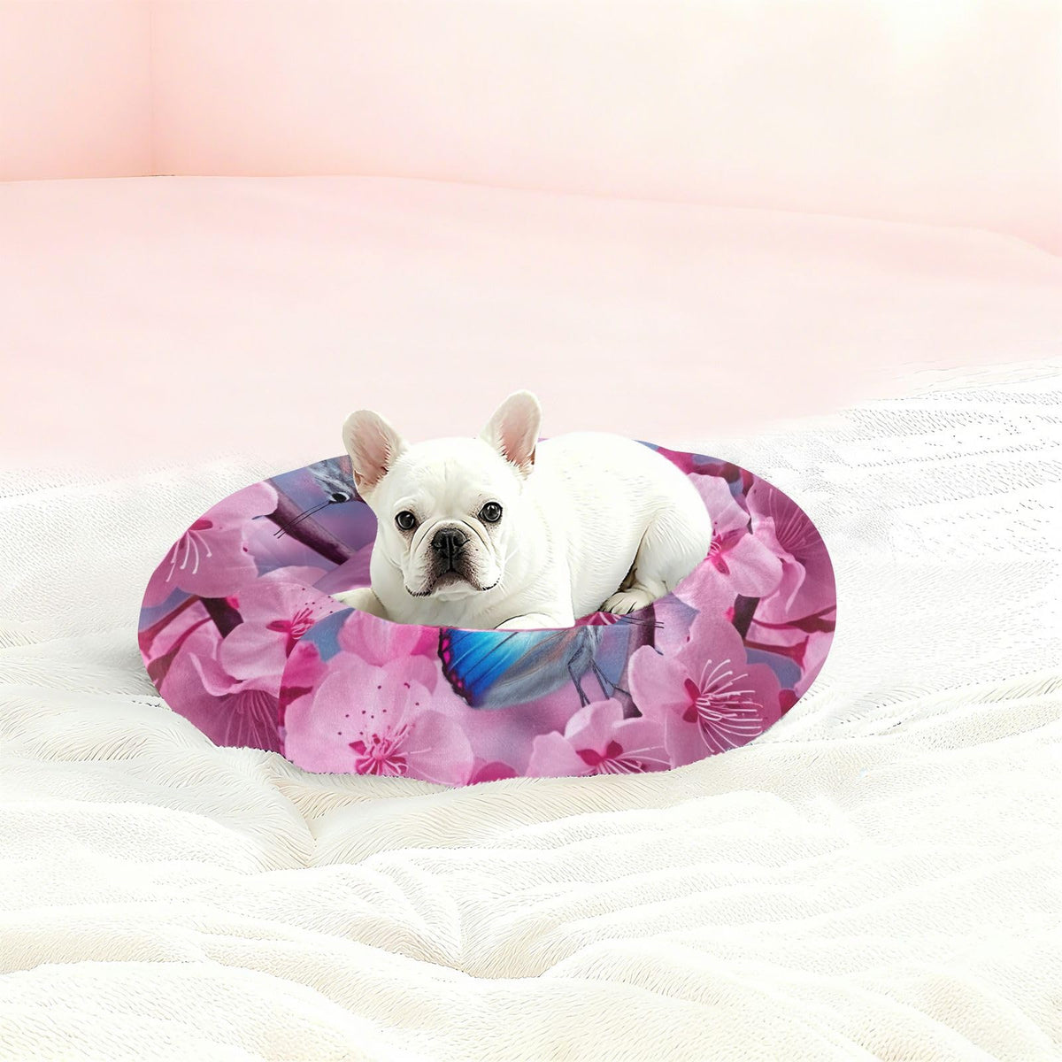 Donut Dog Bed for Small Dogs & Cats - Blue Butterfly Pink Flowers Calming Anti-Anxiety Pet Bed with Non-Slip Base, Removable & Machine Washable, 18"