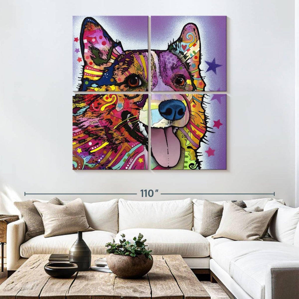 ElephantStock - Colorful Corgi Wall Art - Square Multi Panel Canvas - 4 Piece Living Room Wall Decor - Mixed Media Dog Multi Piece Wall Art - Purple And Orange Decor by Dean Russo - 74" x 74"