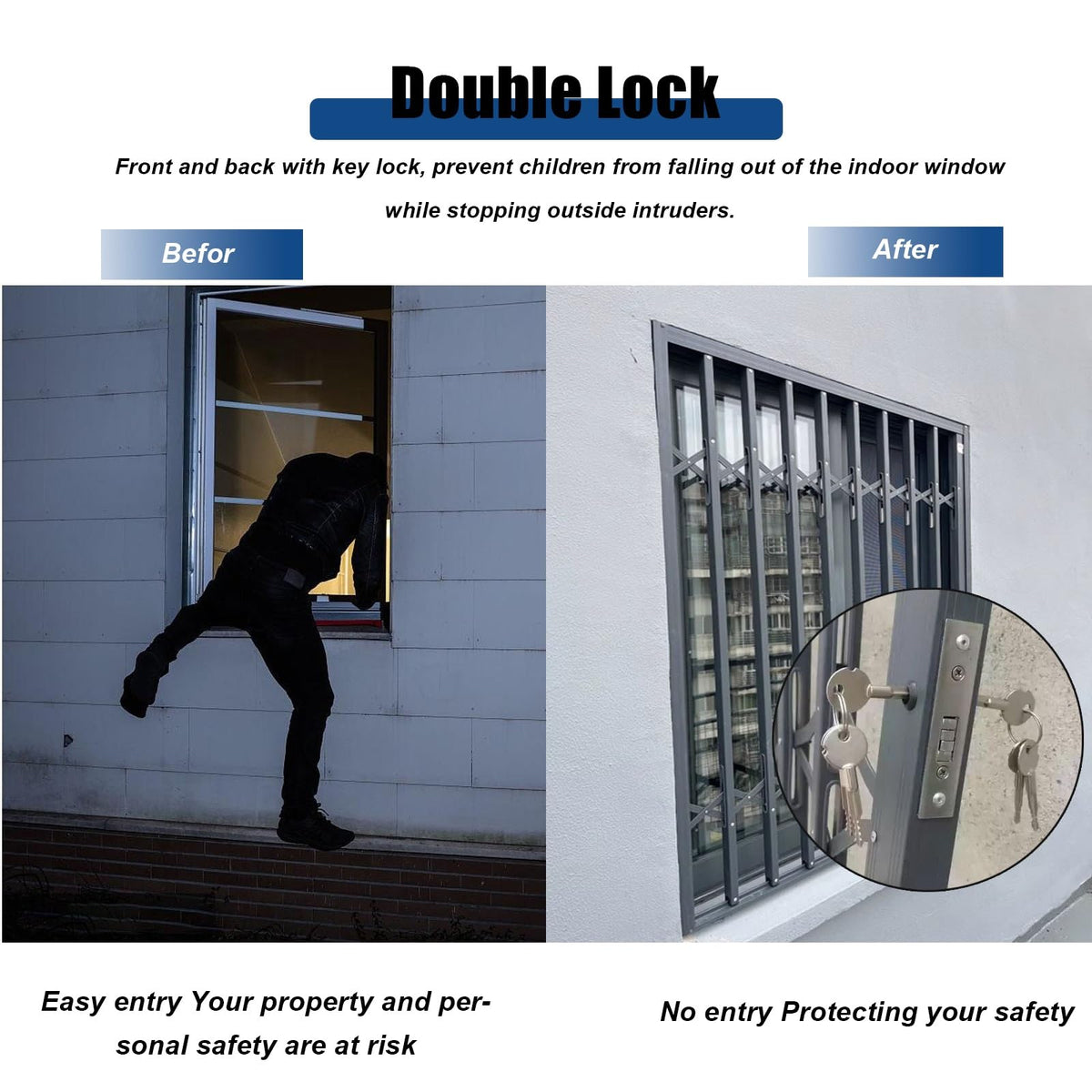 Heavy-Duty Retractable Iron Window Bars for Security, Sliding Door & Window Guard, Cat & Dog Protection, Outdoor Use, 32x55in (80x140cm)