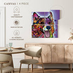 ElephantStock - Colorful Corgi Wall Art - Square Multi Panel Canvas - 4 Piece Living Room Wall Decor - Mixed Media Dog Multi Piece Wall Art - Purple And Orange Decor by Dean Russo - 74" x 74"