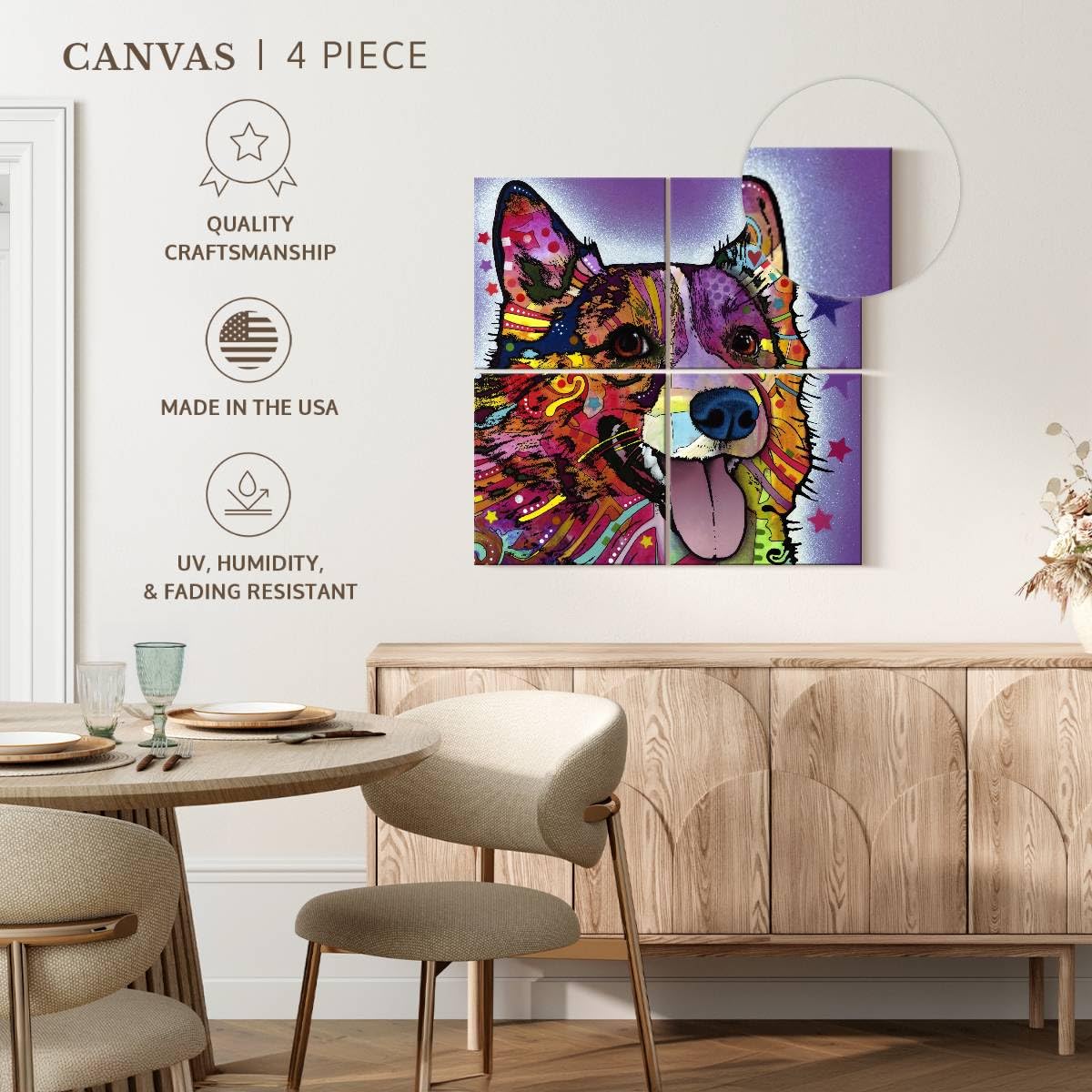 ElephantStock - Colorful Corgi Wall Art - Square Multi Panel Canvas - 4 Piece Living Room Wall Decor - Mixed Media Dog Multi Piece Wall Art - Purple And Orange Decor by Dean Russo - 74" x 74"