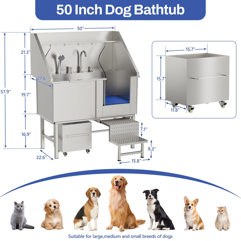 50'' Heavy Duty Dog Washing Station, Professional 304 Stainless Steel Pet Grooming Tub for Large Dogs with Adjustable Height Platform and Anti Slip Ramp for Pet Salon Grooming Studio Home