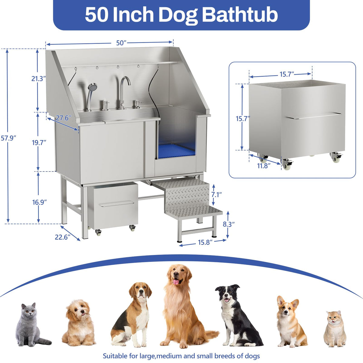 50'' Heavy Duty Dog Washing Station, Professional 304 Stainless Steel Pet Grooming Tub for Large Dogs with Adjustable Height Platform and Anti Slip Ramp for Pet Salon Grooming Studio Home