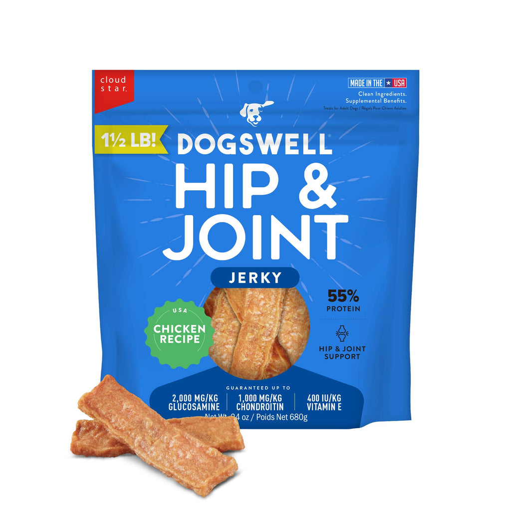 DOGSWELL Jerky Hip and Joint Dog Treats Grain Free Made in USA Only, Glucosamine and Chondroitin, 24 oz Chicken (Pack of 12)