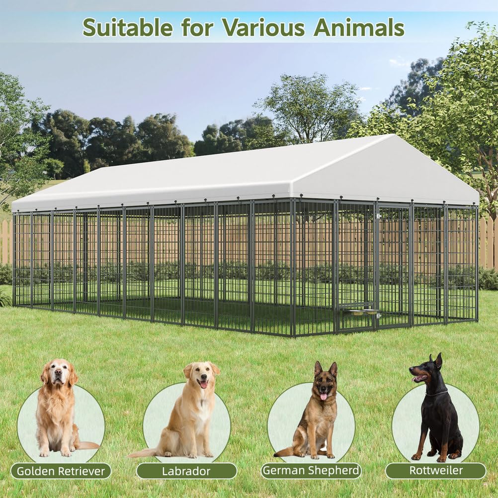 Large Outdoor Dog Kennel 18.9' L x 9.61' W x 6.76' H, Heavy Duty Metal Pet Enclosure with Roof Cover, Dog Run Fence Cage with Double Lock Door for Dogs Chickens Ducks Rabbits