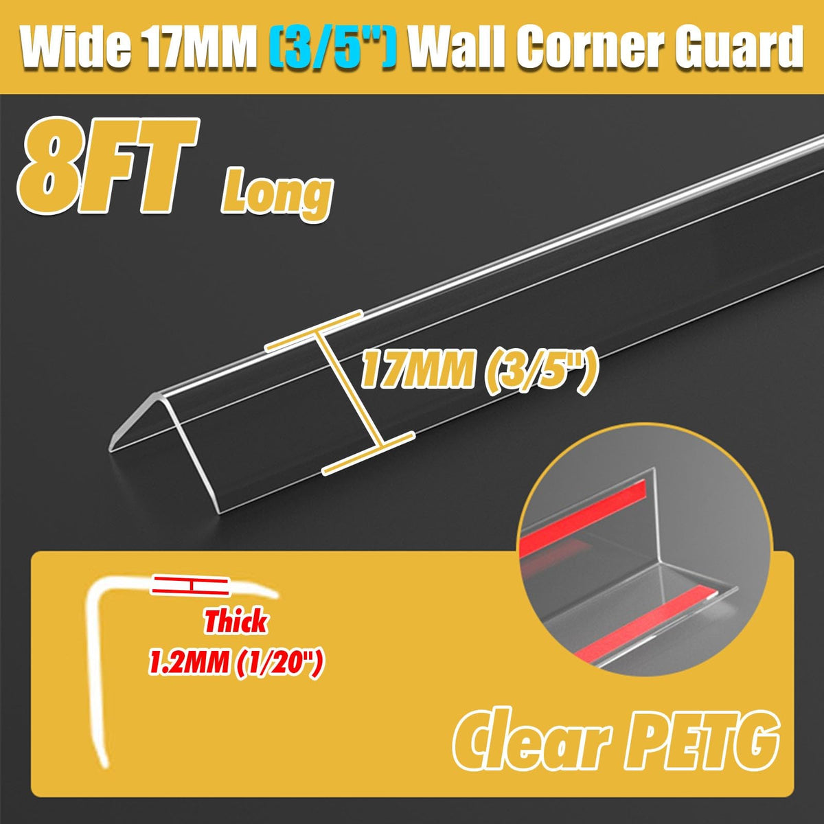 Clear Wall Corner Protector Self Adhesive, 8ft Drywall Edge Trim/ 90 Degree Wall Edging Strip Molding Bumper for Dog Chew, Home Window Sill/ Furniture Edge Shield(15 PCS,W 3/5IN L 8FT/96INCH/244CM)