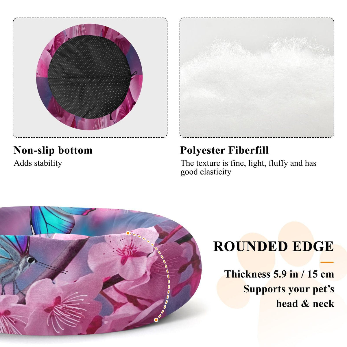 Donut Dog Bed for Small Dogs & Cats - Blue Butterfly Pink Flowers Calming Anti-Anxiety Pet Bed with Non-Slip Base, Removable & Machine Washable, 18"