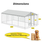 Large Outdoor Dog Kennel with Waterproof Canopy & Built-in Elevated Feeder, Heavy Duty Galvanized Steel Frame,Escape-Proof Chain Link Pet Playpen for Large Dogs, Adjustable Height Bowls (20x10 FT)