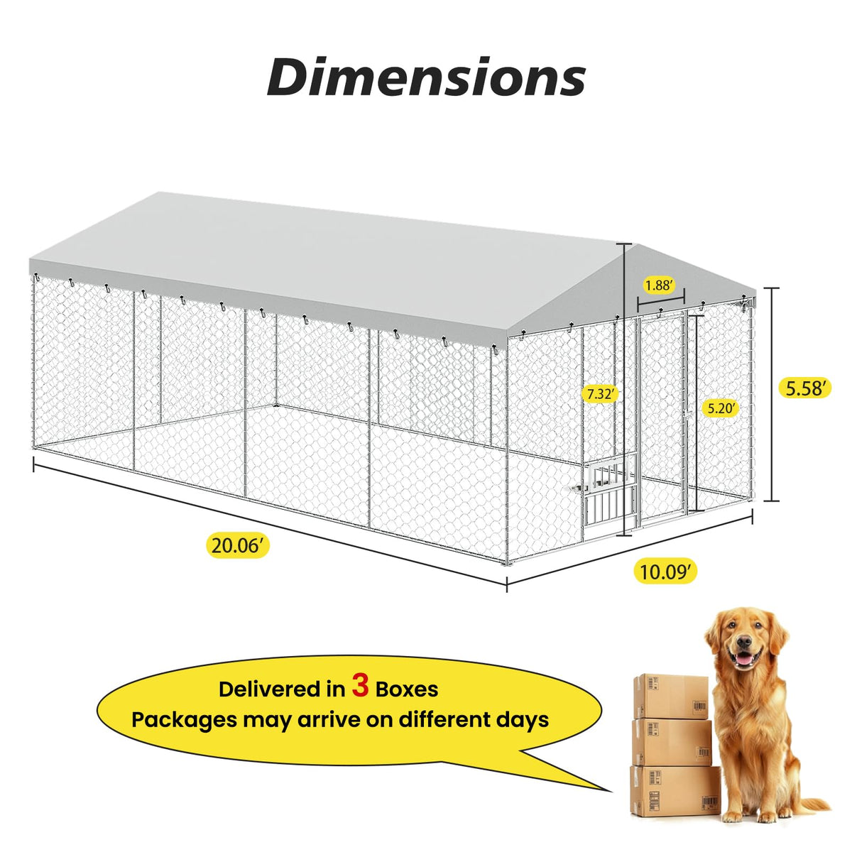 Large Outdoor Dog Kennel with Waterproof Canopy & Built-in Elevated Feeder, Heavy Duty Galvanized Steel Frame,Escape-Proof Chain Link Pet Playpen for Large Dogs, Adjustable Height Bowls (20x10 FT)