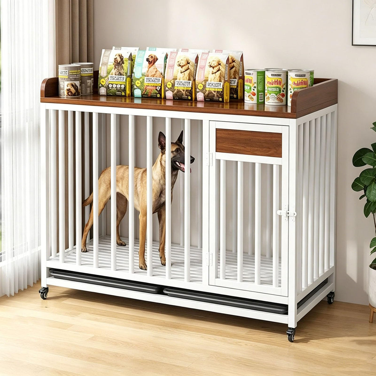 Furniture Pet Cage with Universal Wheels, Indoor Wooden Dog Crate