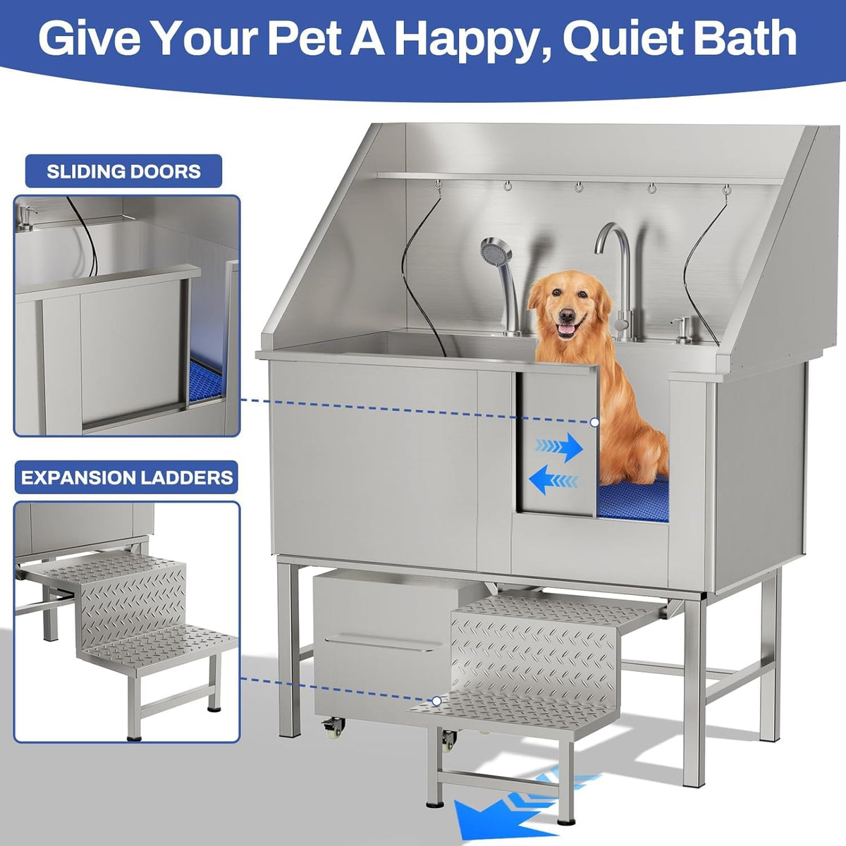 50'' Heavy Duty Dog Washing Station, Professional 304 Stainless Steel Pet Grooming Tub for Large Dogs with Adjustable Height Platform and Anti Slip Ramp for Pet Salon Grooming Studio Home