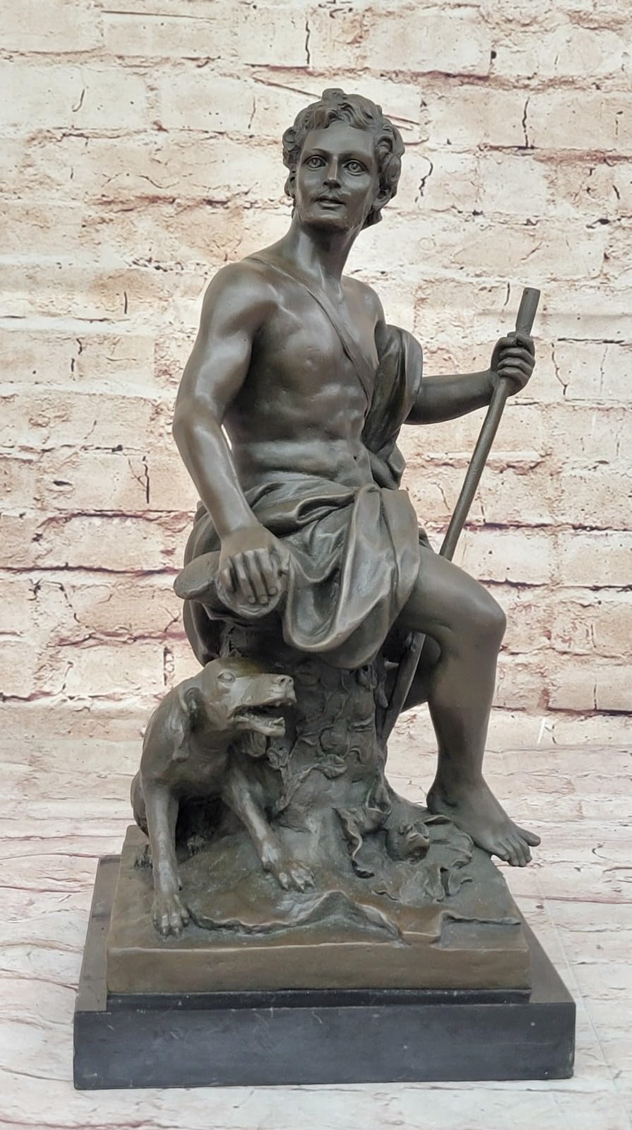 Sculpture of Shepherd with His Dog, Classical Figurine on Marble Base, 15" x 7" Tabletop Display for Collectors