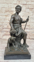Sculpture of Shepherd with His Dog, Classical Figurine on Marble Base, 15" x 7" Tabletop Display for Collectors