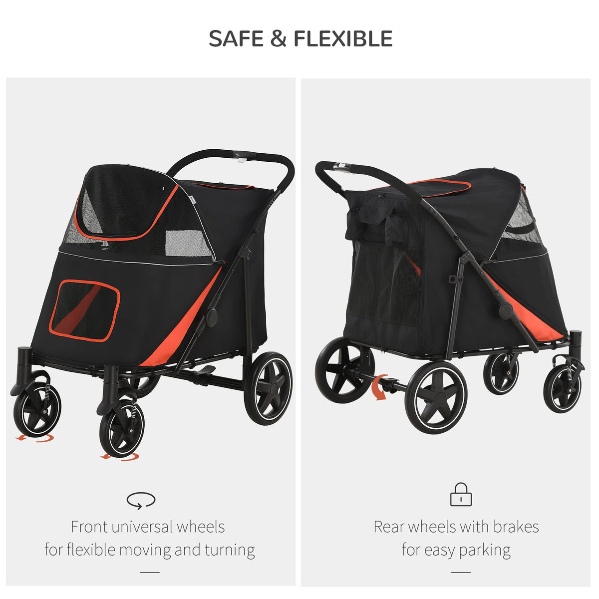 1-Click Foldable Doggy Stroller for Medium Large Dogs, Pet Stroller with Storage, Smooth Ride with Shock Absorption, Mesh Window, Safety Leash, Big Dog Walking Stroller, Black