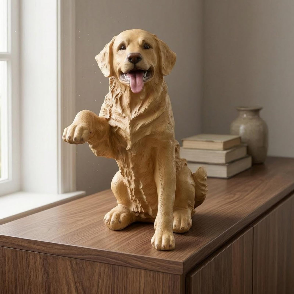 Decorative Canine Statue Labrador Dog Sculpture Figurine Ornament Statue Fiberglass Craft with Realistic Seated Pose and Detailed Silhouette Suitable, Beige