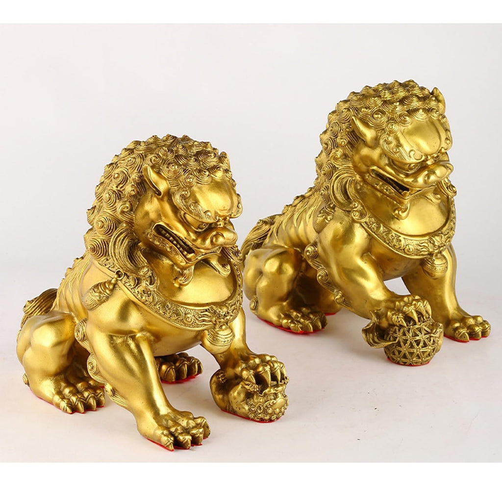Brass Foo Dogs Statues Pair, Chinese Guardian Lions Figurines, Feng Shui Decor for Home Office, Protection Prosperity Wealth Symbol, Brass Tabletop Sculpture,9.8" H x 11" L x 5.9" W 19.4lb