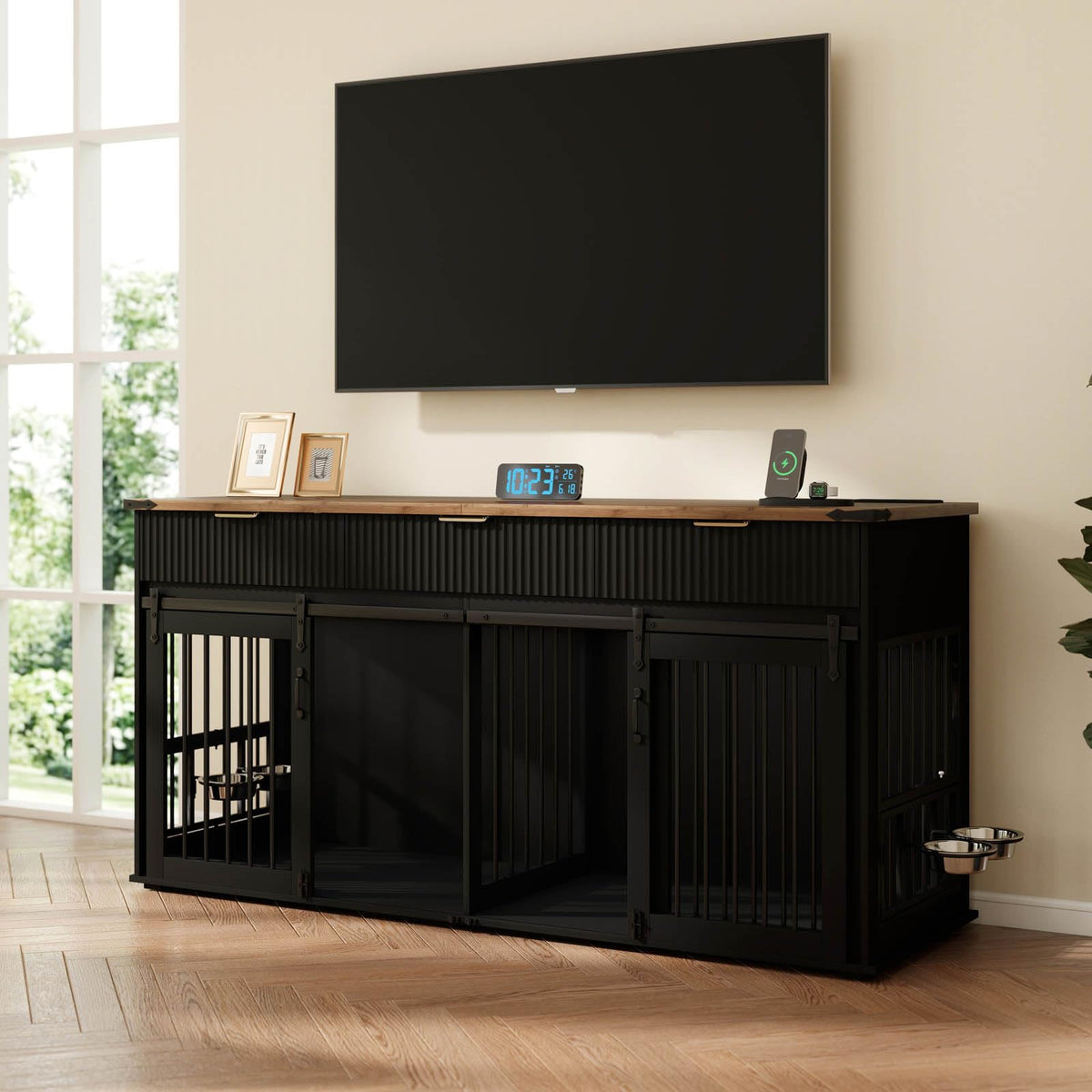 71'' Double Dog Crate Furniture, XXL Dog Kennel TV Stand,Walnut