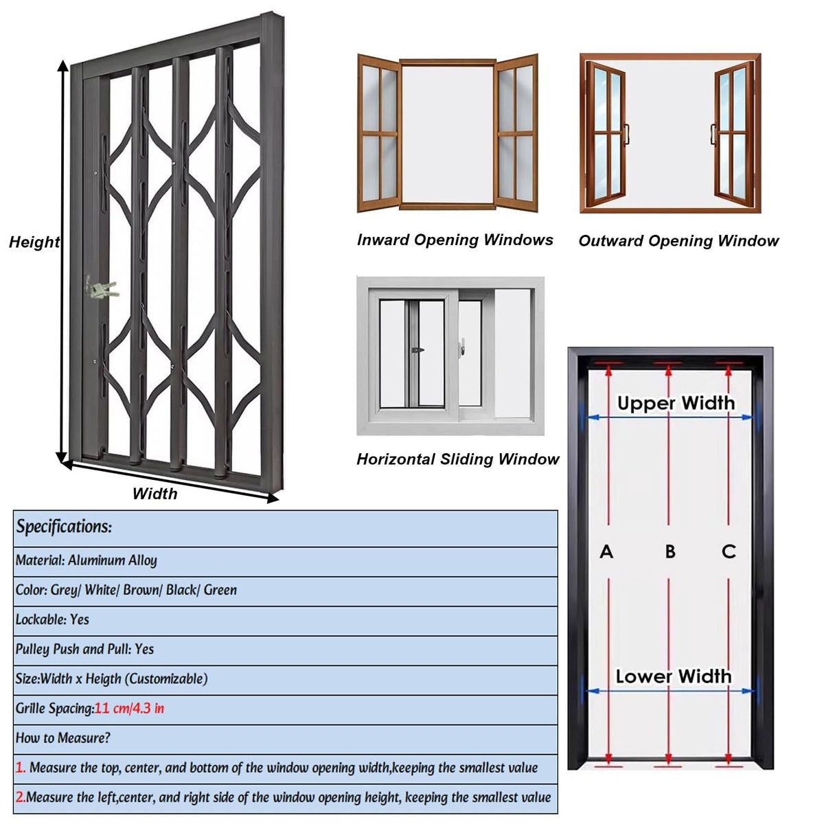Heavy-Duty Retractable Iron Window Security Bars for Sliding Doors & Windows, Pet Protection for Cats & Dogs, Exterior Safety Guard (44"x40"/110x100cm)