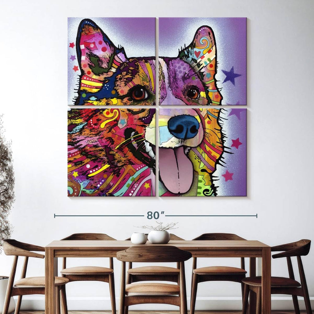 ElephantStock - Colorful Corgi Wall Art - Square Multi Panel Canvas - 4 Piece Living Room Wall Decor - Mixed Media Dog Multi Piece Wall Art - Purple And Orange Decor by Dean Russo - 74" x 74"