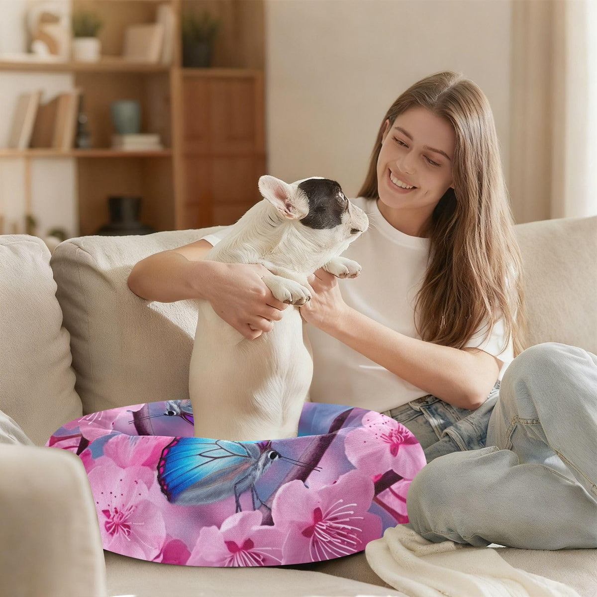 Donut Dog Bed for Small Dogs & Cats - Blue Butterfly Pink Flowers Calming Anti-Anxiety Pet Bed with Non-Slip Base, Removable & Machine Washable, 18"