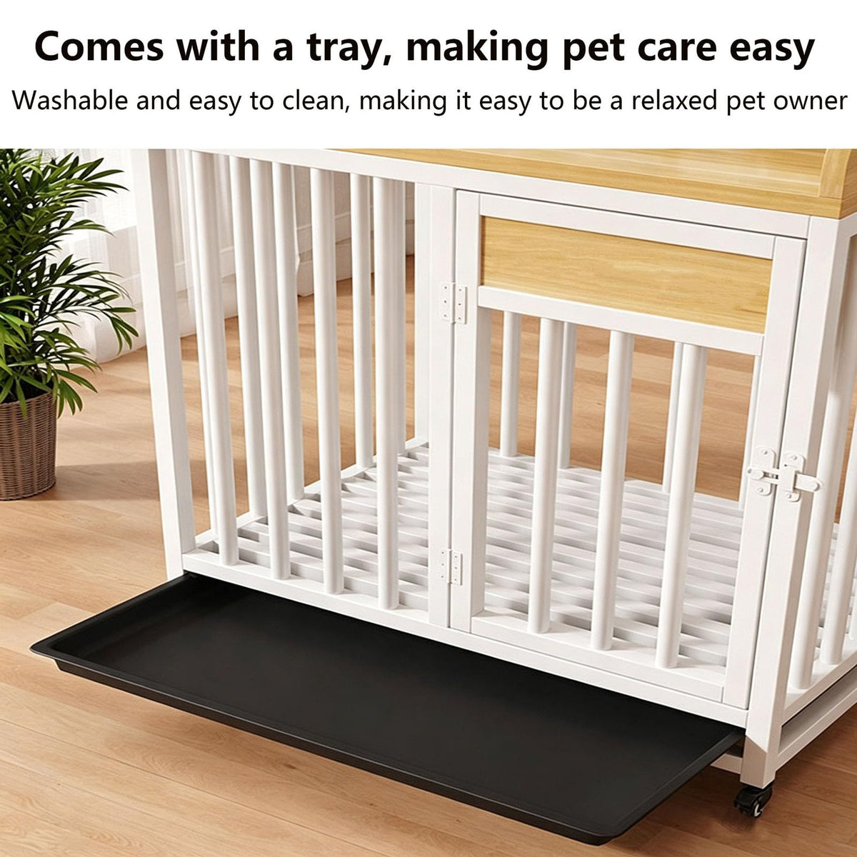 Furniture Pet Cage with Universal Wheels, Indoor Wooden Dog Crate