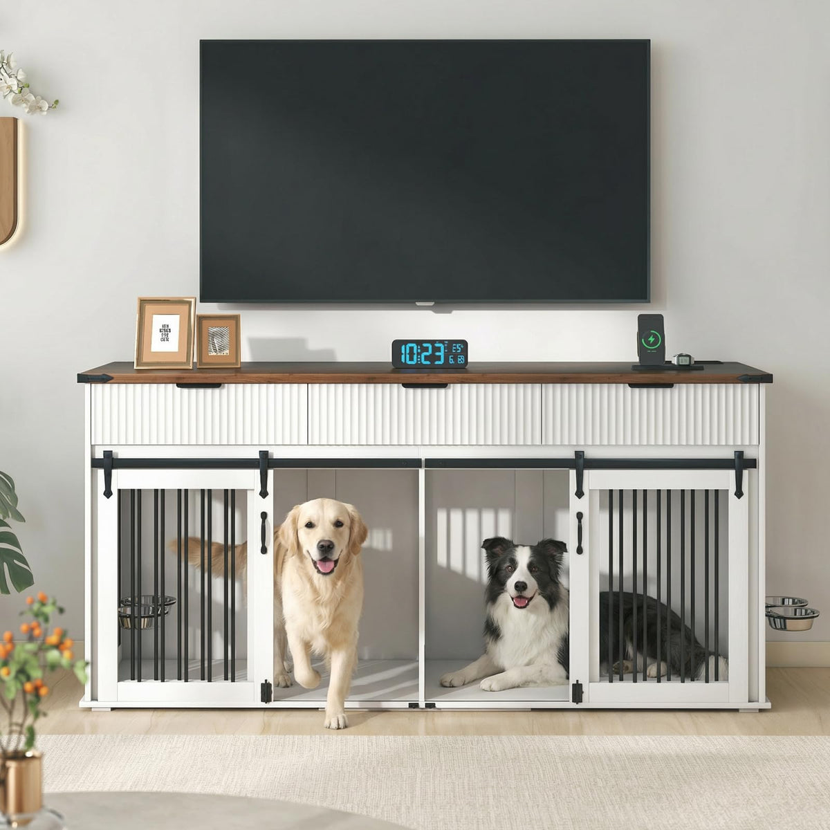 71'' Double Dog Crate Furniture, XXL Dog Kennel TV Stand,Walnut
