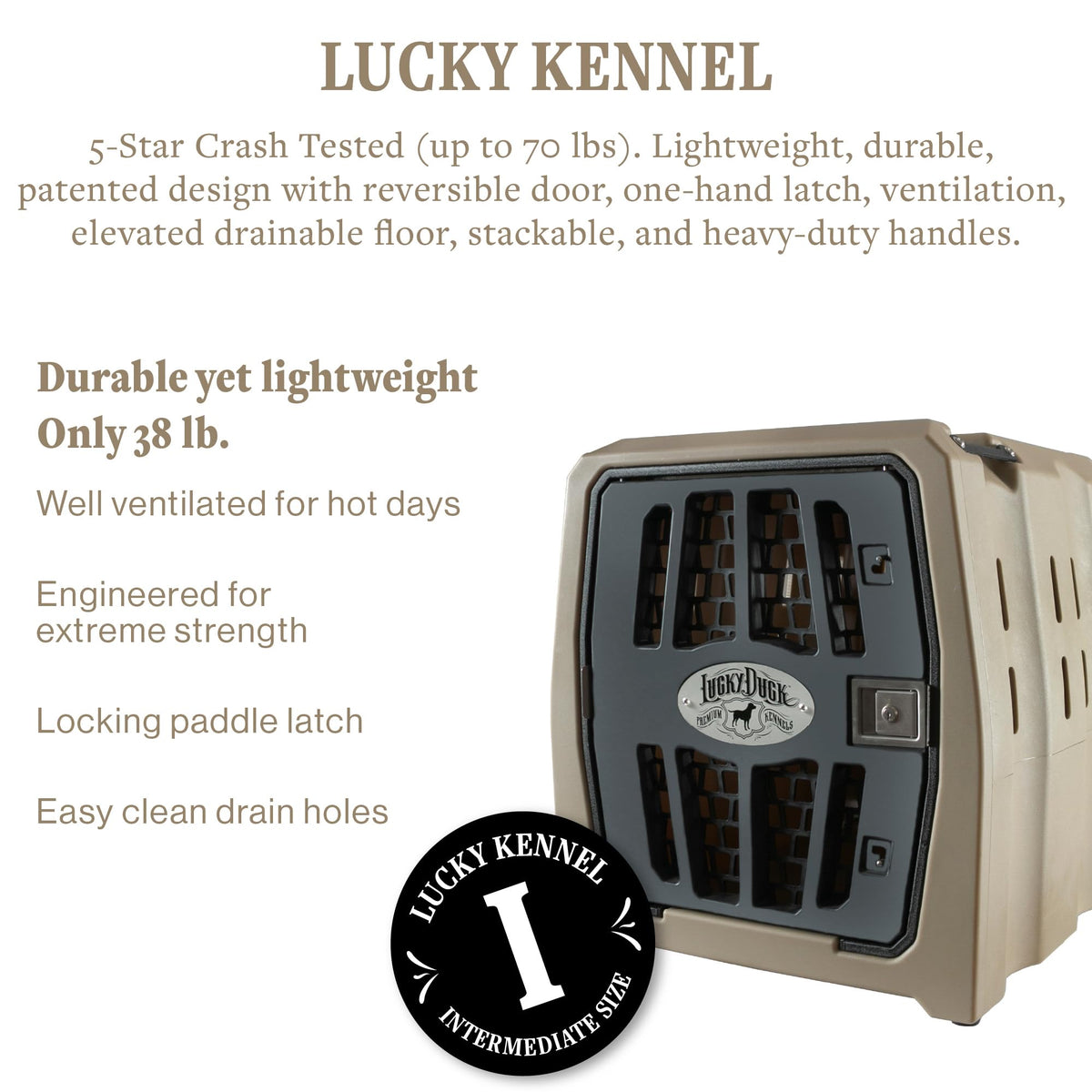 Lucky Dog Kennel, Durable Crash Tested Portable Dog Crates, Intermediate, Tan