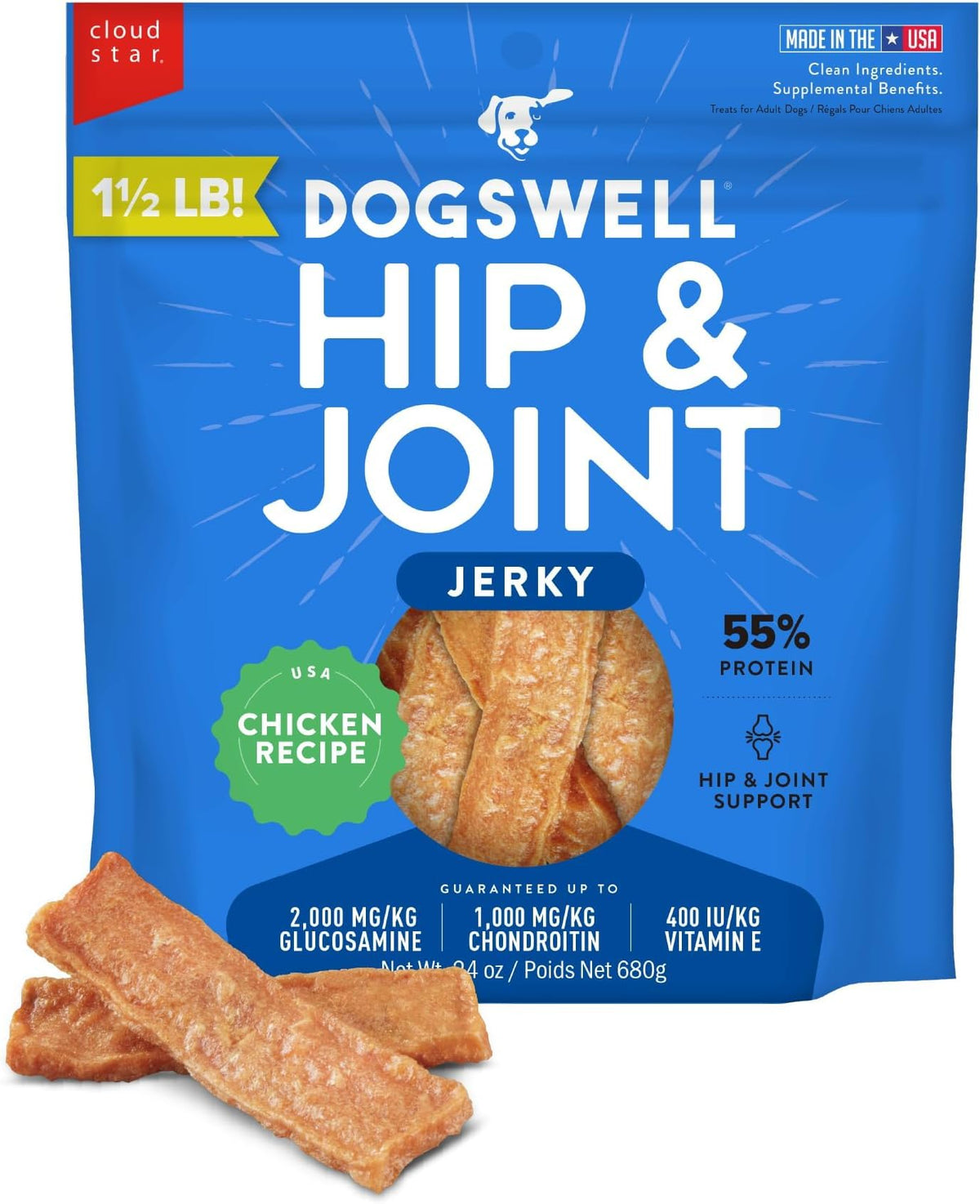 DOGSWELL Jerky Hip and Joint Dog Treats Grain Free Made in USA Only, Glucosamine and Chondroitin, 24 oz Chicken (Pack of 12)