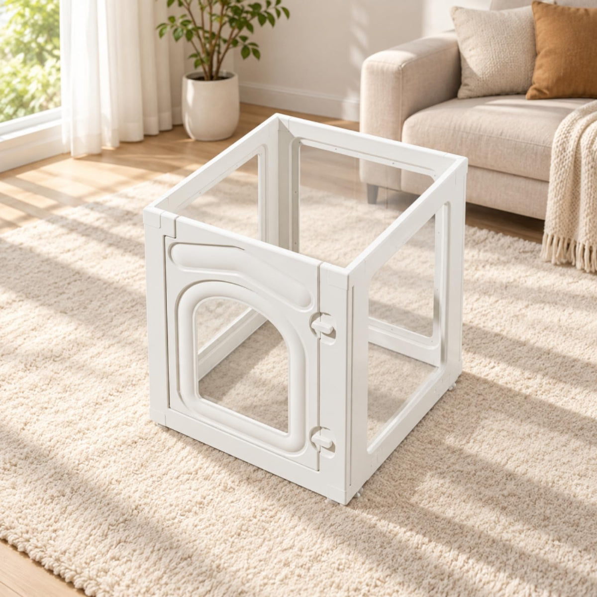 Indoor Kennel Wipe-Clean Freestanding Pet with Clear Panels Transparent Small Dog Playpen, White