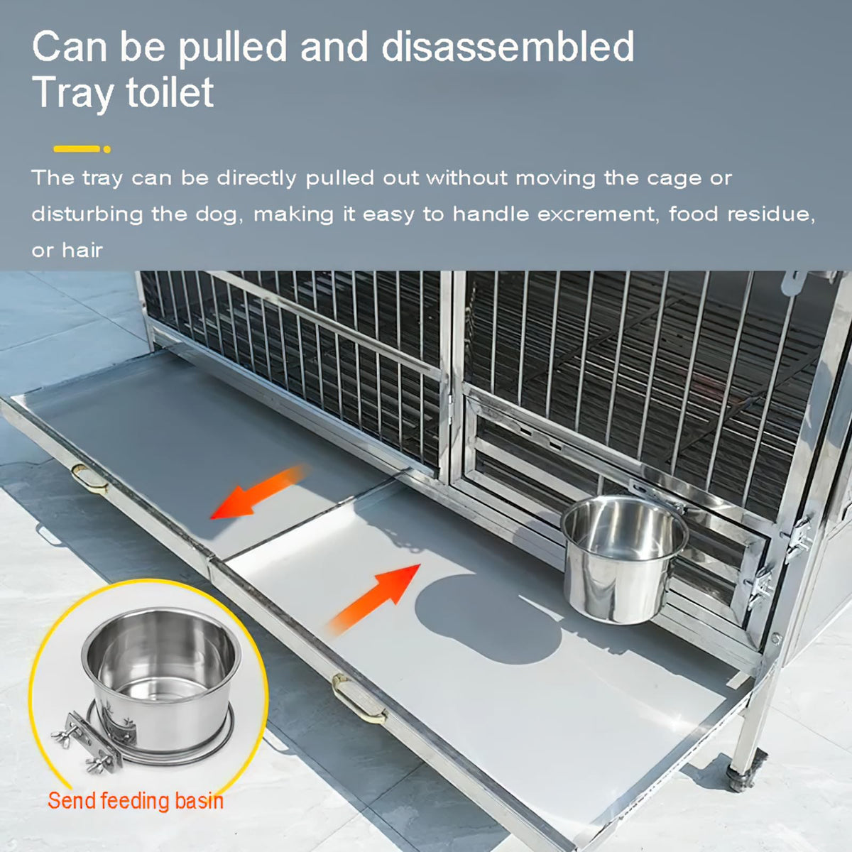 Large Outdoor Dog Cage with Roof, Stainless Steel Heavy Duty Dog Kennel with Toilet Tray, Windproof Rainproof Dog House for Medium to Large Dogs (42inch)