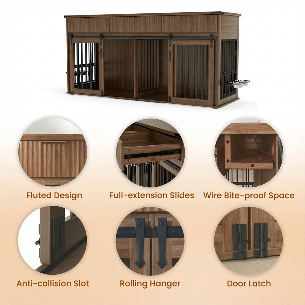 71'' Double Dog Crate Furniture, XXL Dog Kennel TV Stand,Walnut