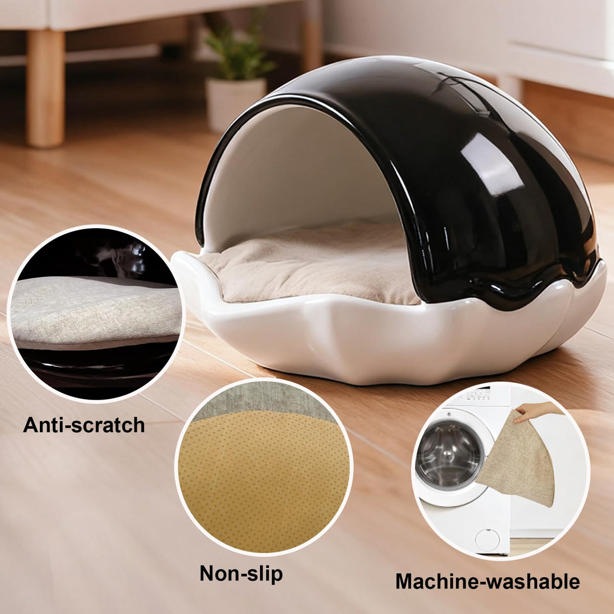 Dog House for Indoor and Outdoor Use, Shell-Shape, Black and White, Heavy Duty, Washable, Odor-Free (Large)