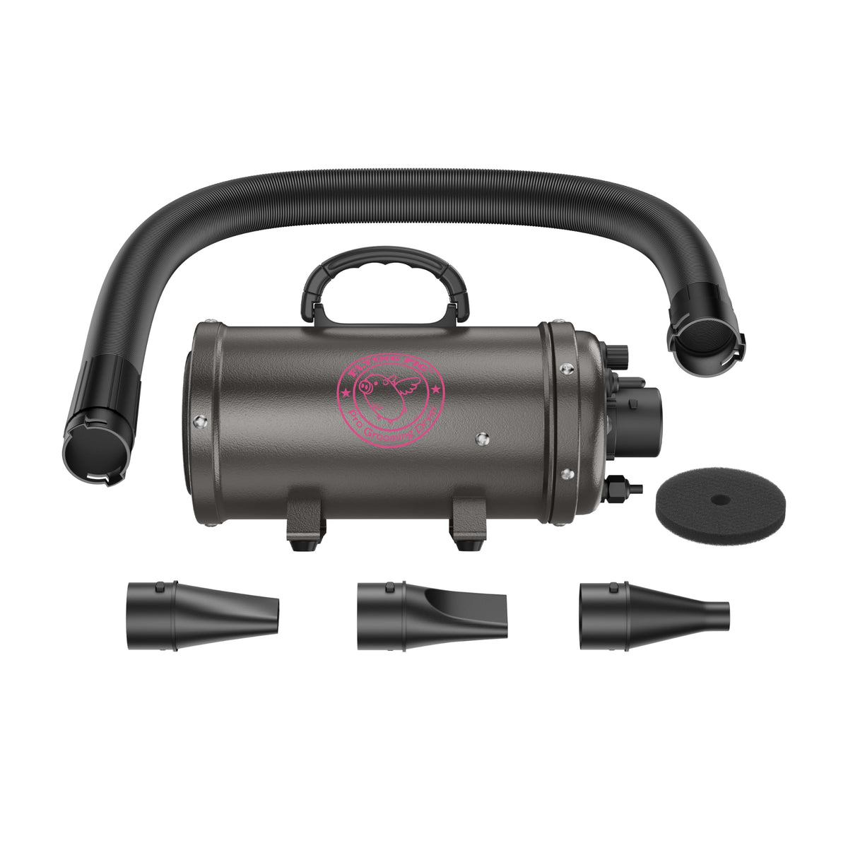 Flying Pig Turbo Dog Grooming Dryer with ForceFlow Drying Power, Variable Speed and Heat Control (Dark Grey w/Pink Logo)