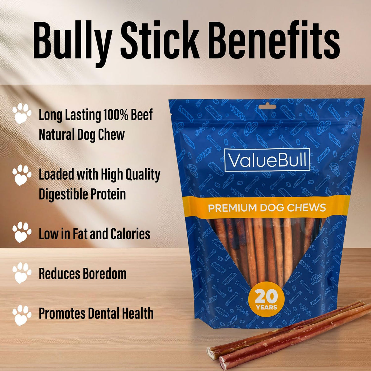 ValueBull Bully Sticks for Small Dogs, Thin 12 Inch, 200 Count