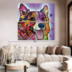 ElephantStock - Colorful Corgi Wall Art - Square Multi Panel Canvas - 4 Piece Living Room Wall Decor - Mixed Media Dog Multi Piece Wall Art - Purple And Orange Decor by Dean Russo - 74" x 74"