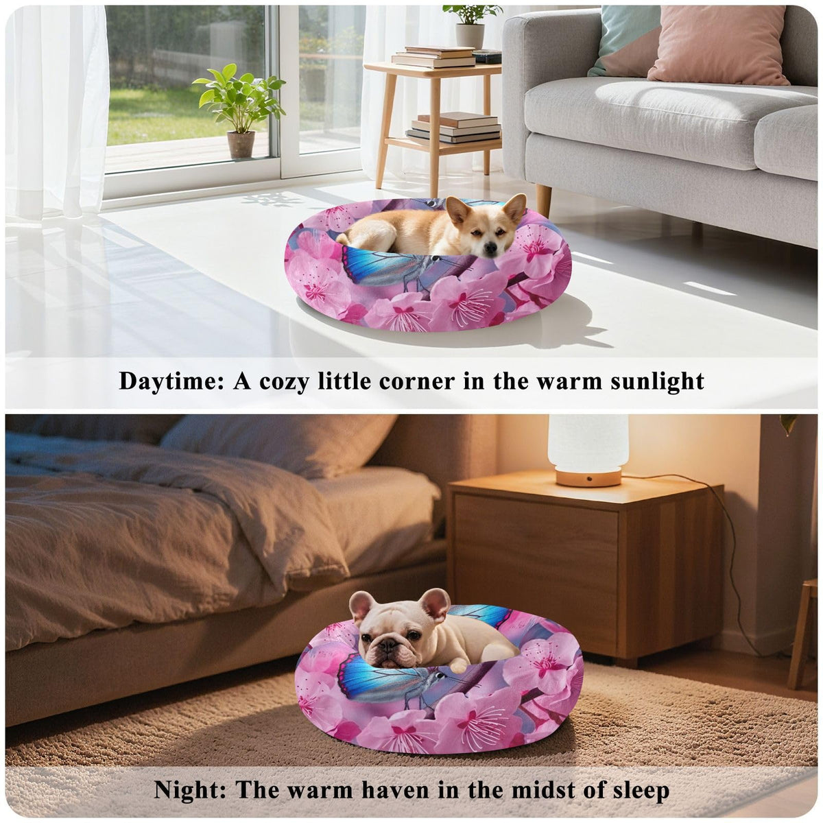Donut Dog Bed for Small Dogs & Cats - Blue Butterfly Pink Flowers Calming Anti-Anxiety Pet Bed with Non-Slip Base, Removable & Machine Washable, 18"