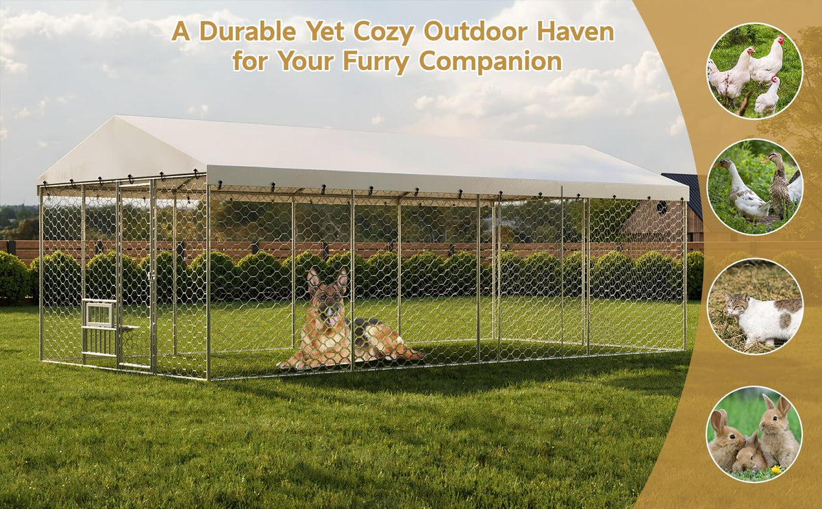 Large Outdoor Dog Kennel with Waterproof Canopy & Built-in Elevated Feeder, Heavy Duty Galvanized Steel Frame,Escape-Proof Chain Link Pet Playpen for Large Dogs, Adjustable Height Bowls (20x10 FT)