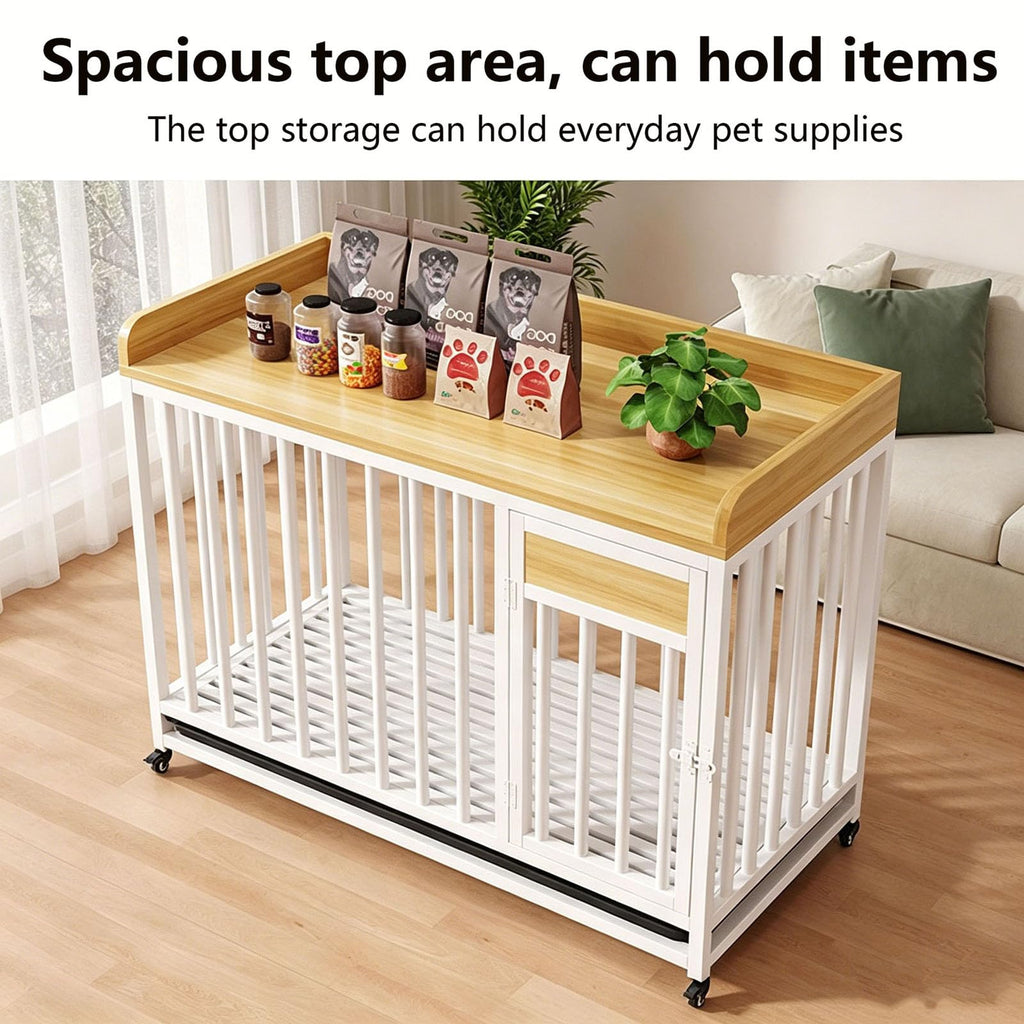 Furniture Pet Cage with Universal Wheels, Indoor Wooden Dog Crate