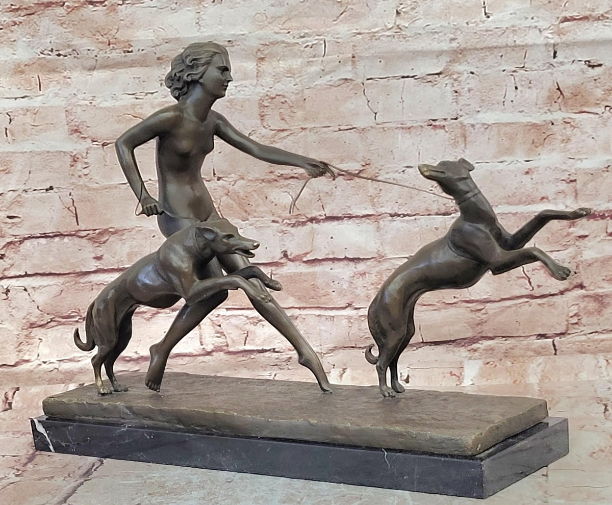 Woman with Two Greyhound Dogs on Marble Base Bronze Sculpture Brown Figurative Classical Tabletop Display, 20x5x13 Inches, Art Enthusiast and Collectors