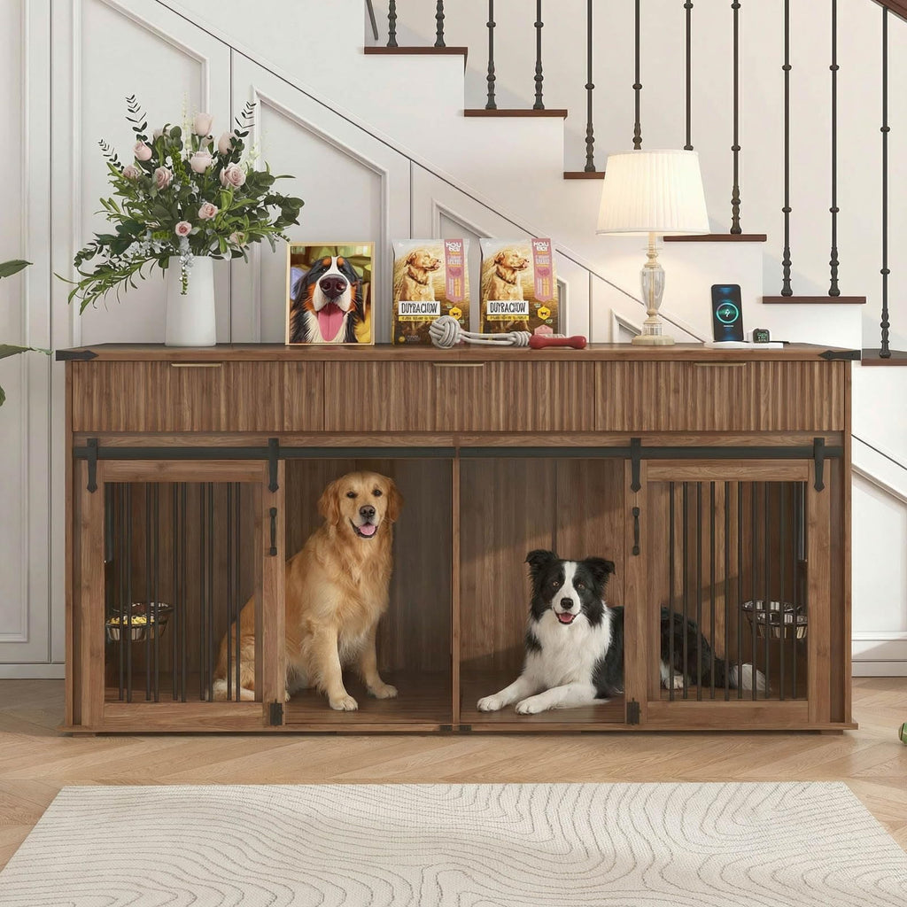 71'' Double Dog Crate Furniture, XXL Dog Kennel TV Stand,Walnut